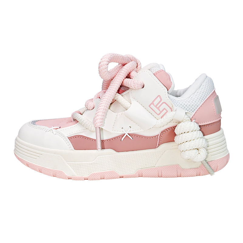 Women's Cute Chunky Lace-Up Sneakers - Pink, Low-Top, Thick Sole, Casual Sneakers - Fabric/PU Upper, Rubber Sole, All-Season Design