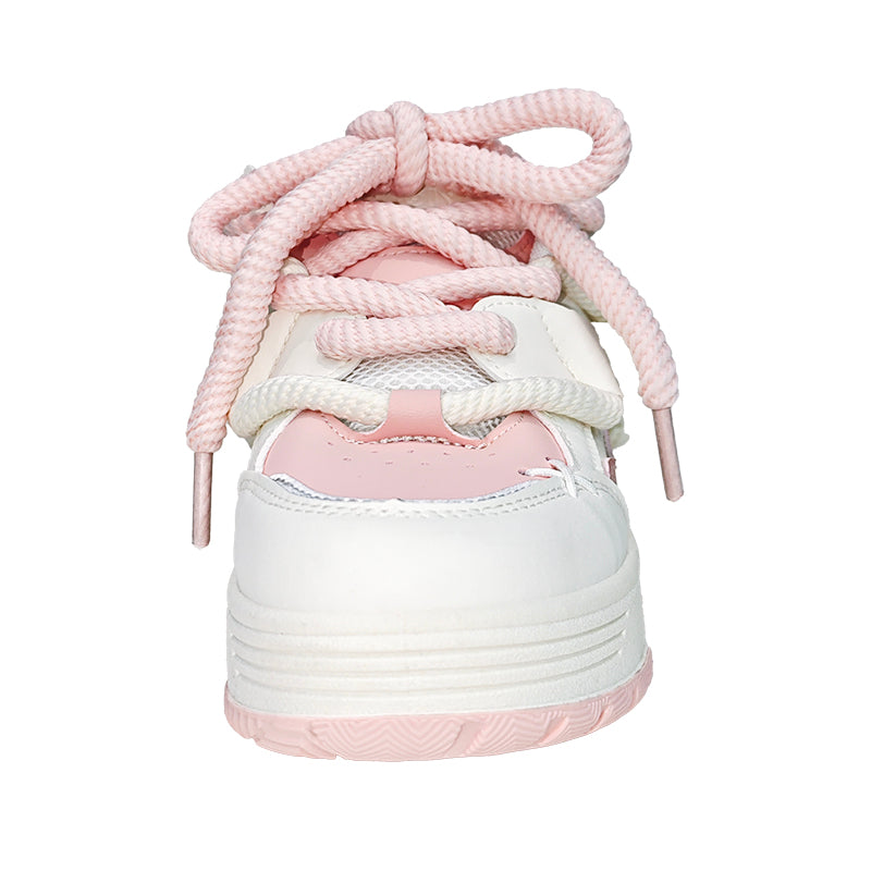 Women's Cute Chunky Lace-Up Sneakers - Pink, Low-Top, Thick Sole, Casual Sneakers - Fabric/PU Upper, Rubber Sole, All-Season Design