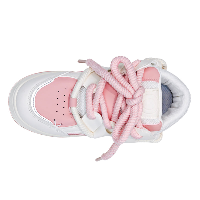 Women's Cute Chunky Lace-Up Sneakers - Pink, Low-Top, Thick Sole, Casual Sneakers - Fabric/PU Upper, Rubber Sole, All-Season Design
