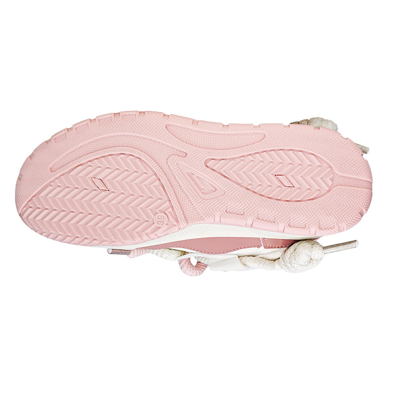 Women's Cute Chunky Lace-Up Sneakers - Pink, Low-Top, Thick Sole, Casual Sneakers - Fabric/PU Upper, Rubber Sole, All-Season Design