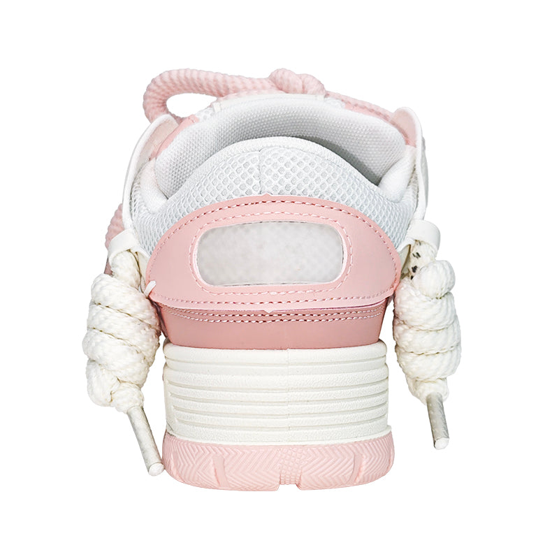 Women's Cute Chunky Lace-Up Sneakers - Pink, Low-Top, Thick Sole, Casual Sneakers - Fabric/PU Upper, Rubber Sole, All-Season Design