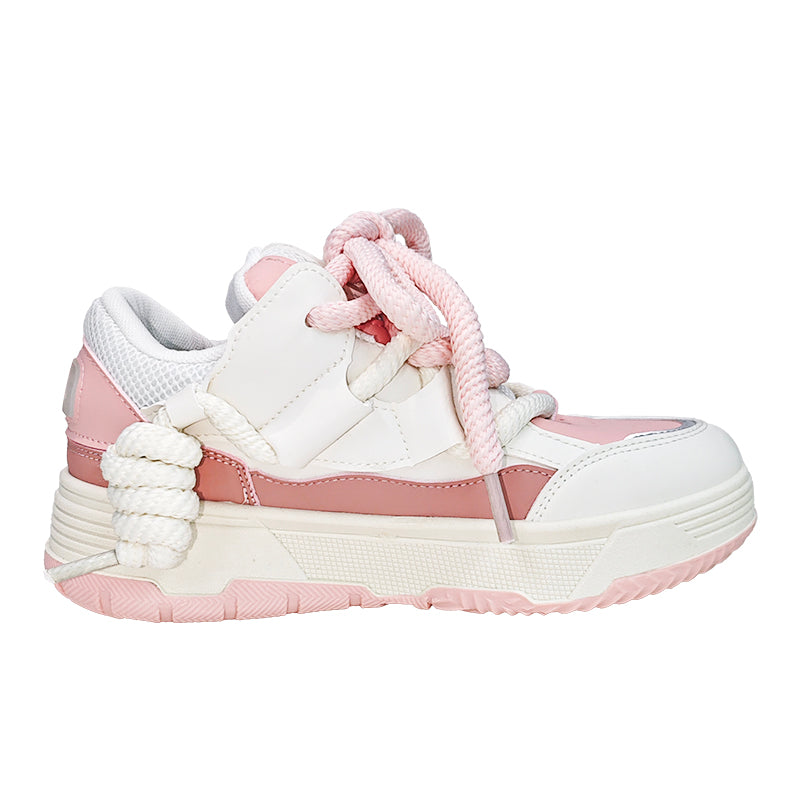 Women's Cute Chunky Lace-Up Sneakers - Pink, Low-Top, Thick Sole, Casual Sneakers - Fabric/PU Upper, Rubber Sole, All-Season Design
